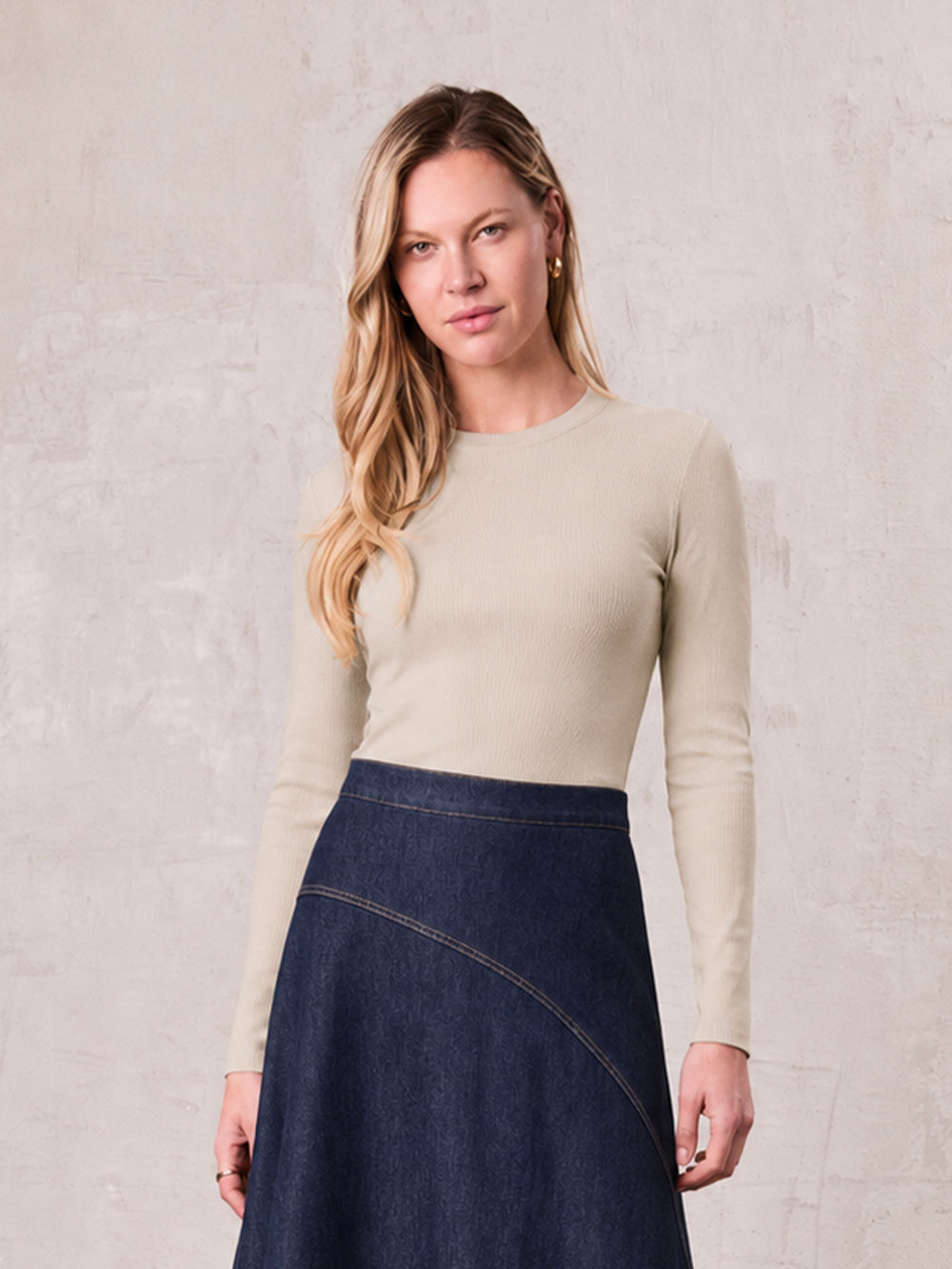 Rounded Hem Ribbed T-Shirt-Tan-0