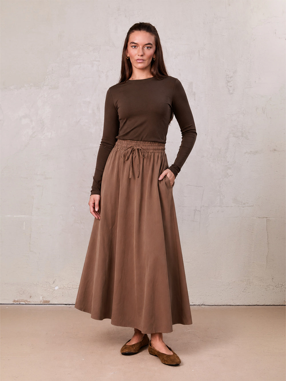 Drawstring Circle Skirt-Brown-0