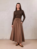 Drawstring Circle Skirt-Brown-0