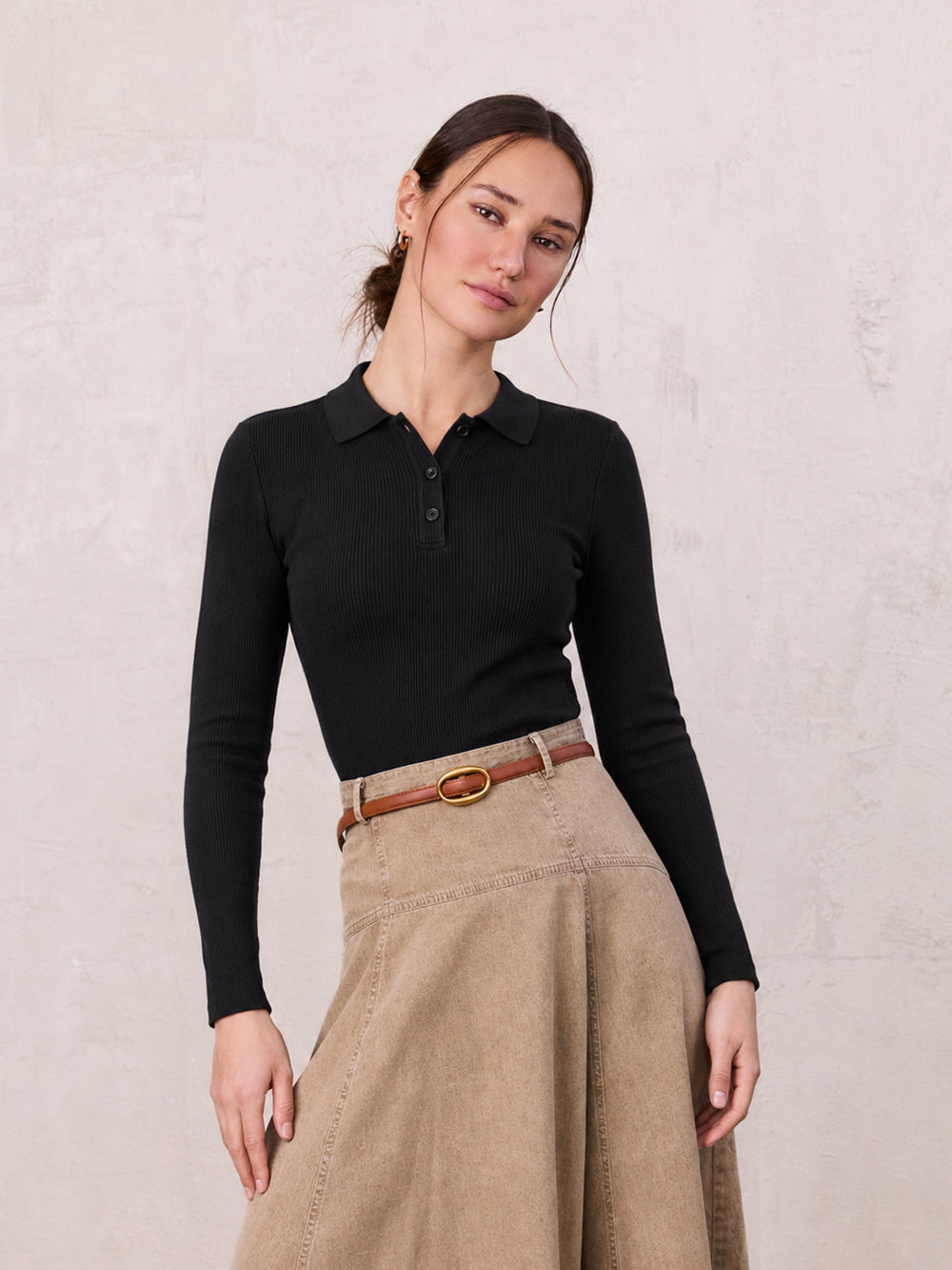 Heathered Collared Tee-Black-0