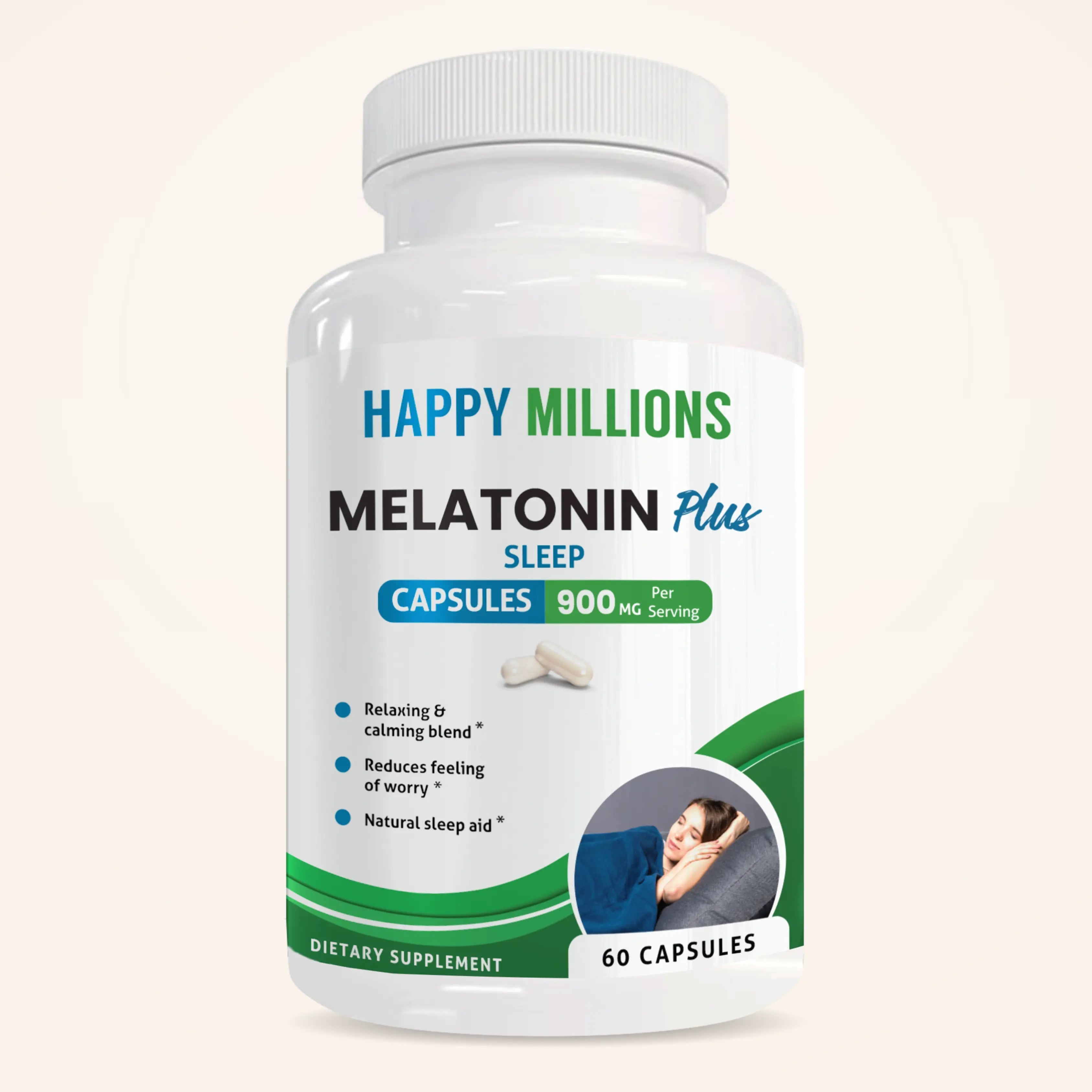 HappyMillions Melatonin Plus sleep support supplement bottle for natural relaxation and deep restful nights