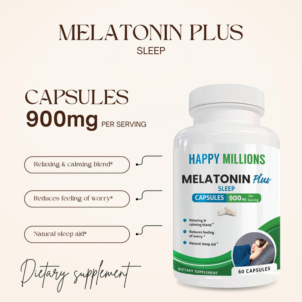HappyMillions Melatonin Plus sleep support supplement bottle for natural relaxation and deep restful nights — view 2