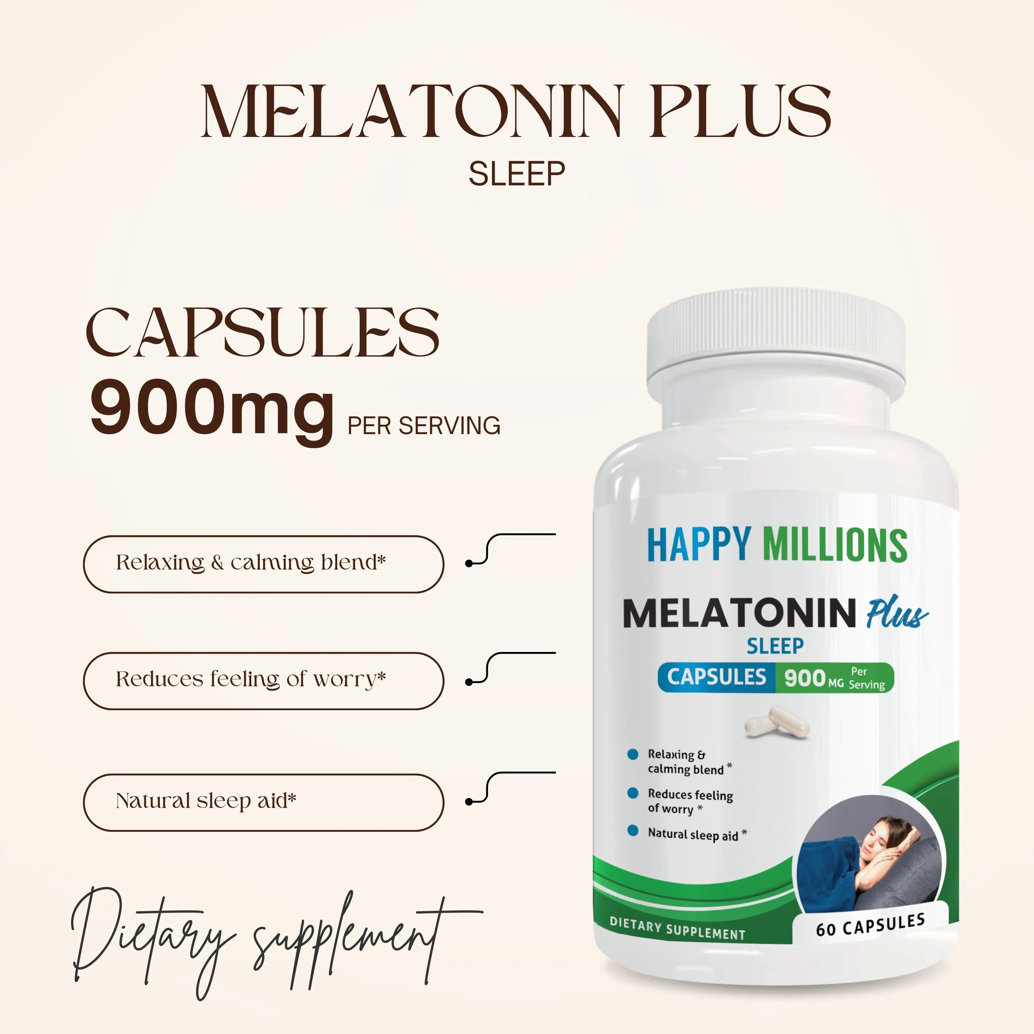 HappyMillions Melatonin Plus sleep support supplement bottle for natural relaxation and deep restful nights — view 2