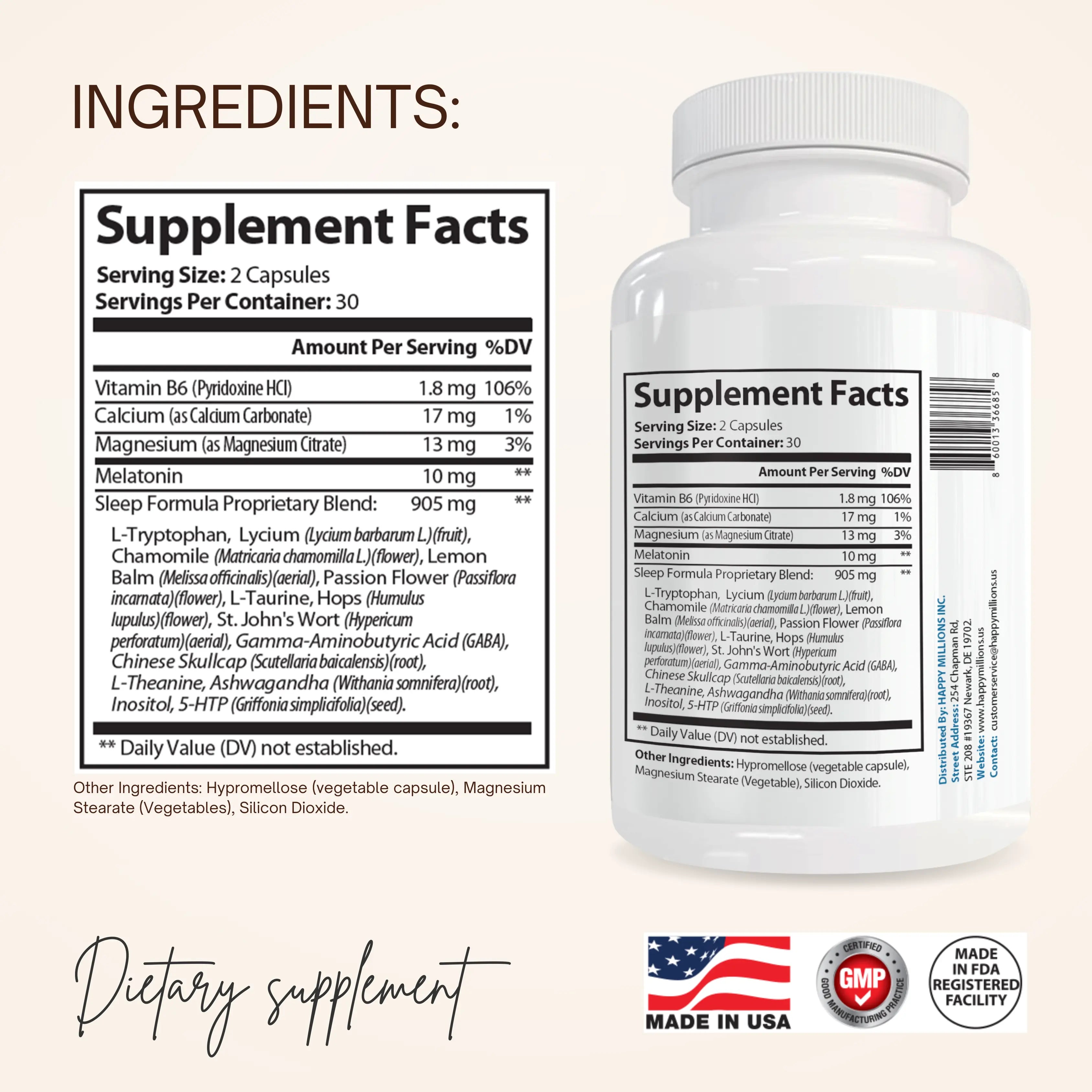 HappyMillions Melatonin Plus sleep support supplement bottle for natural relaxation and deep restful nights — view 4