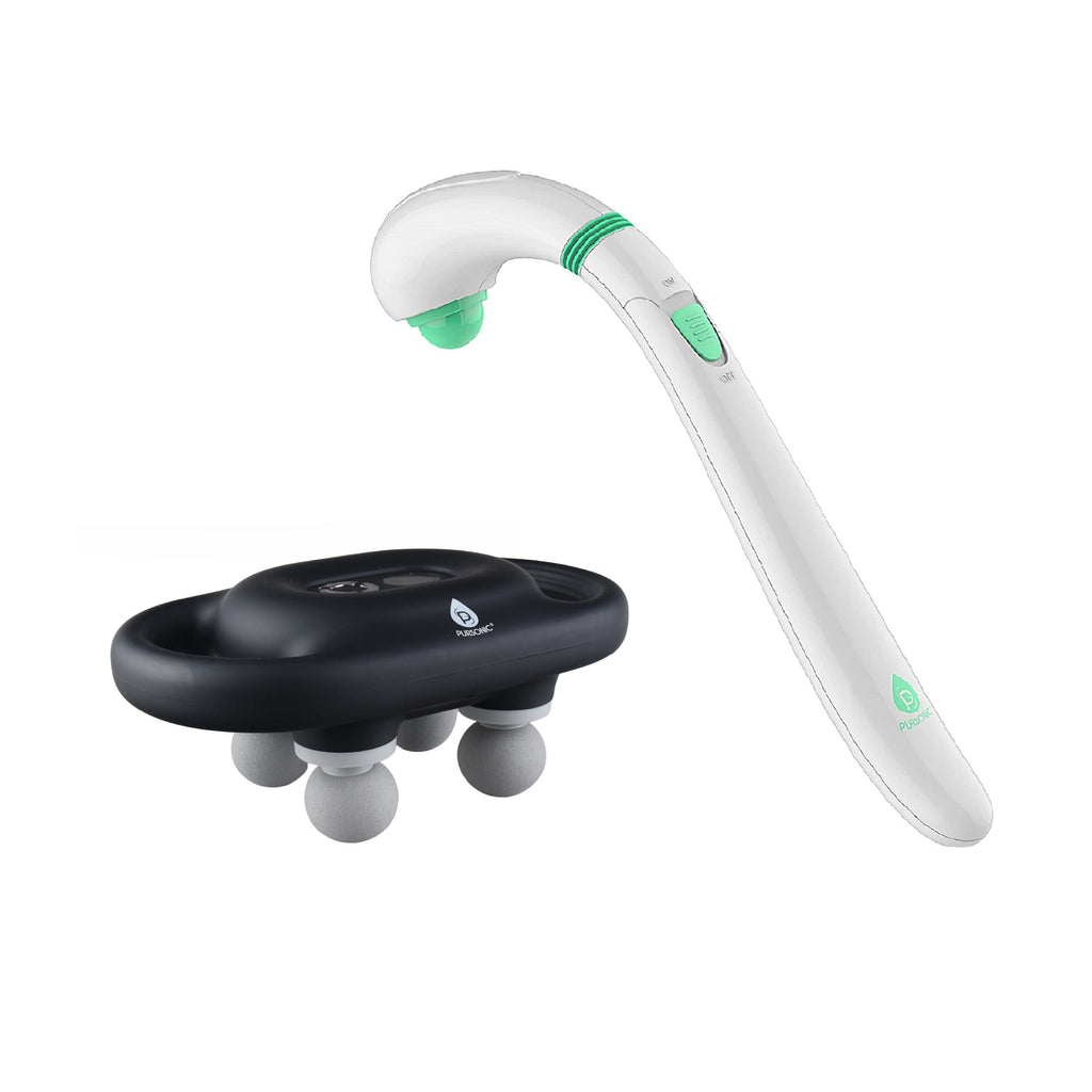 Massage gun bundle with interchangeable heads and curved handheld massager for muscle recovery