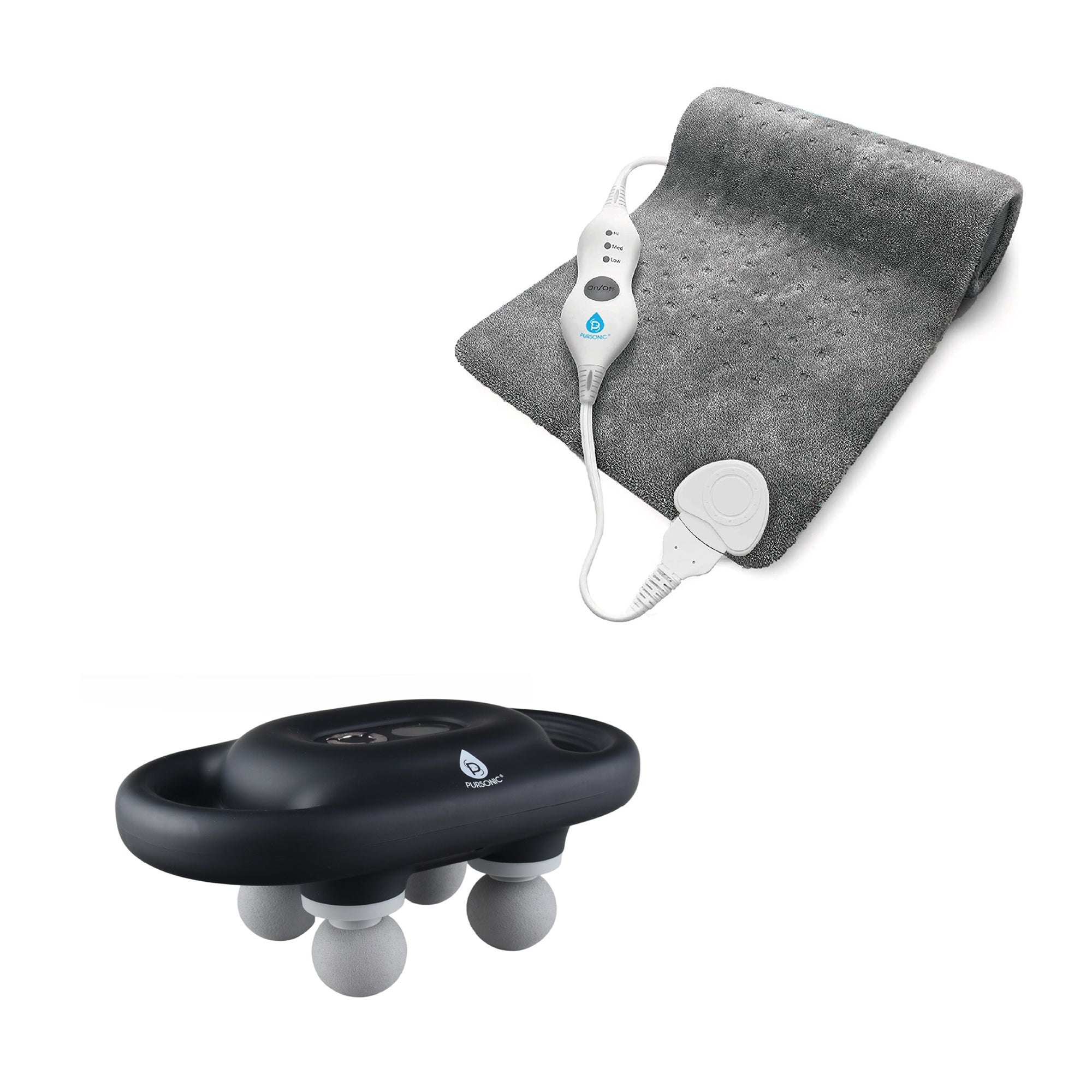 Pursonic 9-speed massage gun and extra large microplush heating pad set for muscle recovery