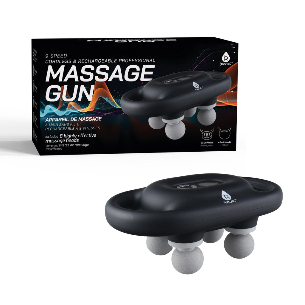 Pursonic 9-speed deep tissue massage gun with interchangeable massage heads and sleek cordless ergonomic design