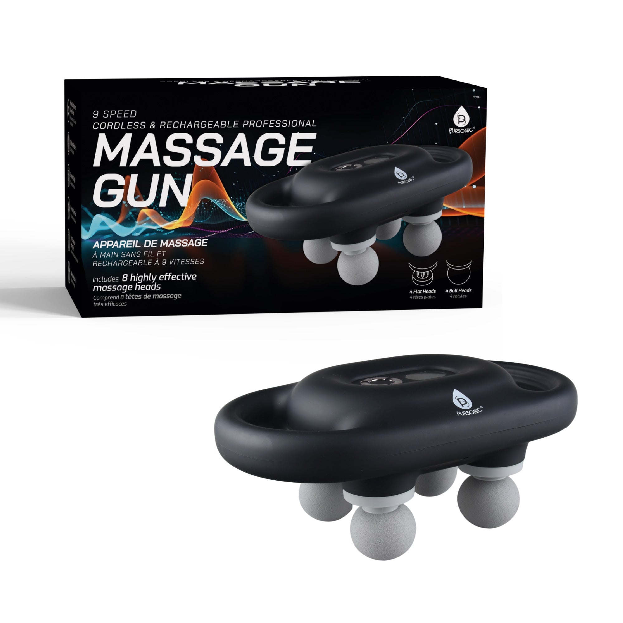 Pursonic 9-speed deep tissue massage gun with interchangeable massage heads and sleek cordless ergonomic design