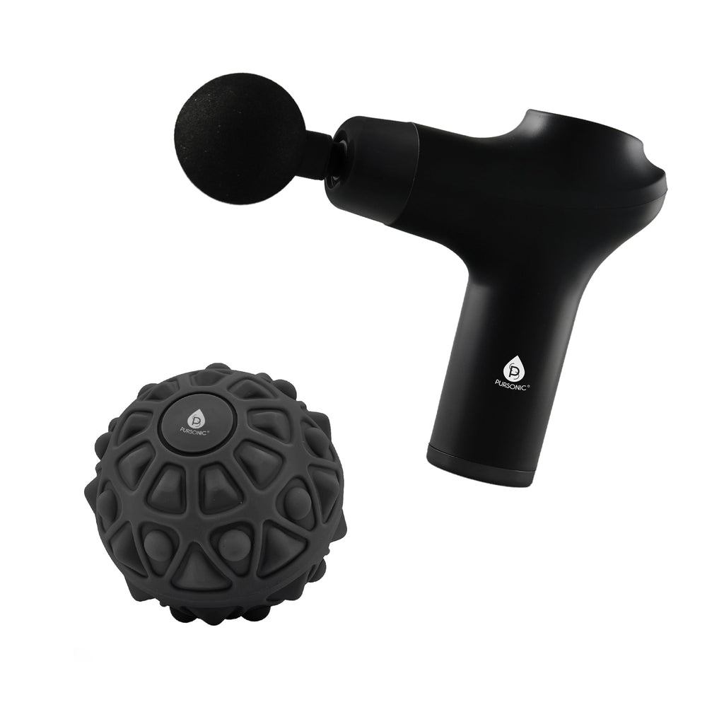 3-speed massage gun and textured vibrating massage ball bundle with interchangeable attachment heads