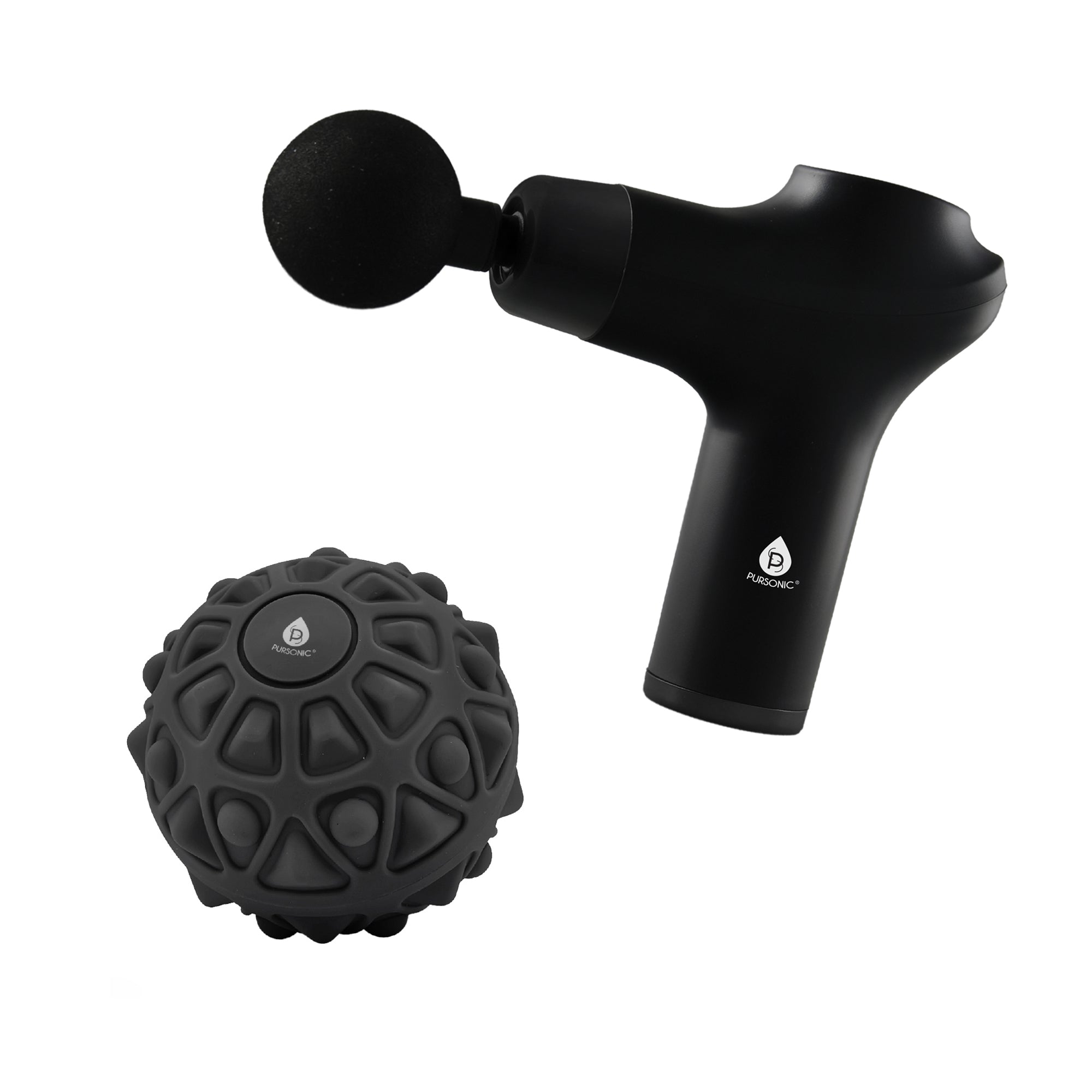 3-speed massage gun and textured vibrating massage ball bundle with interchangeable attachment heads