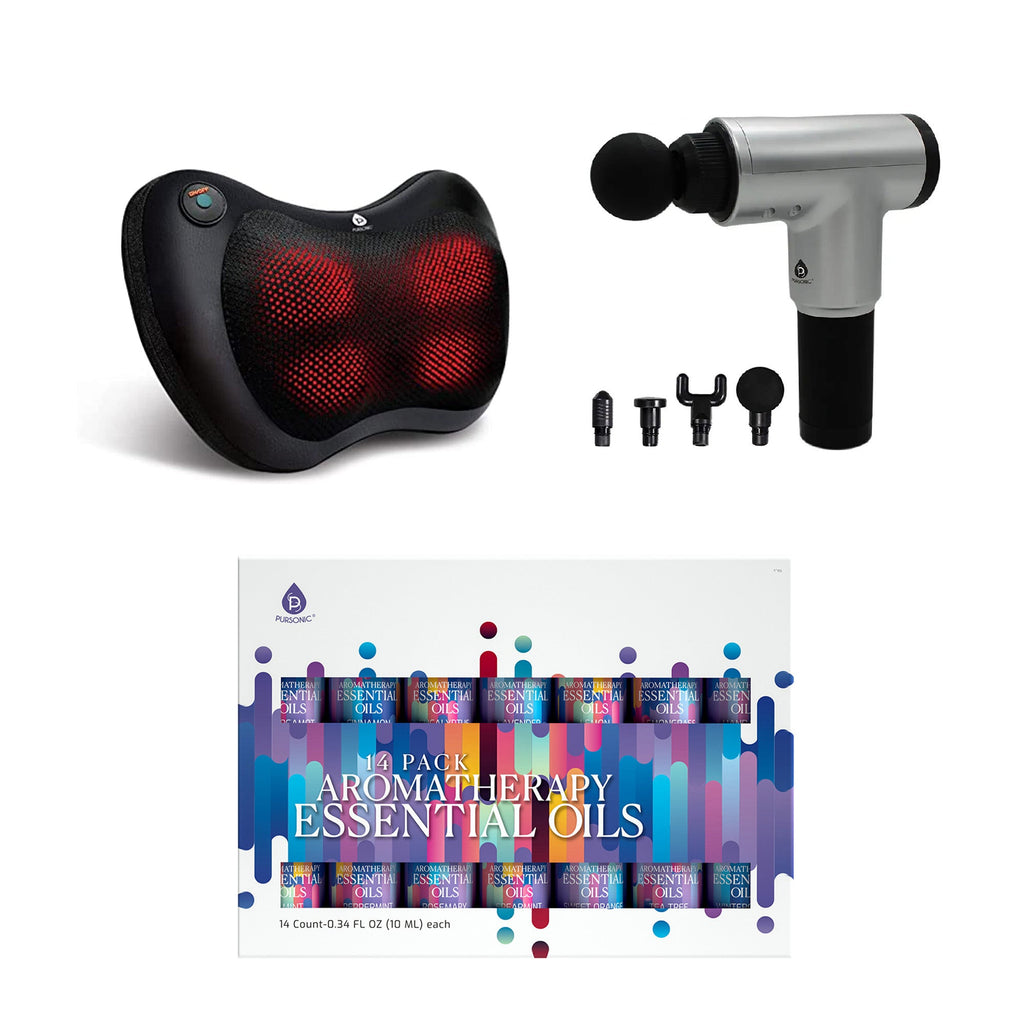 Ultimate wellness bundle with 14 essential oils, shiatsu neck massager, and cordless percussion massage gun