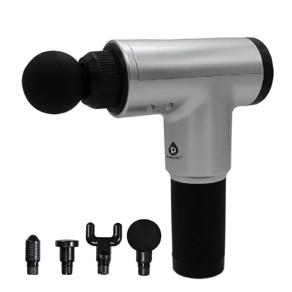 Black 6 speed cordless deep tissue massage gun with four interchangeable percussive therapy attachment heads — view 2