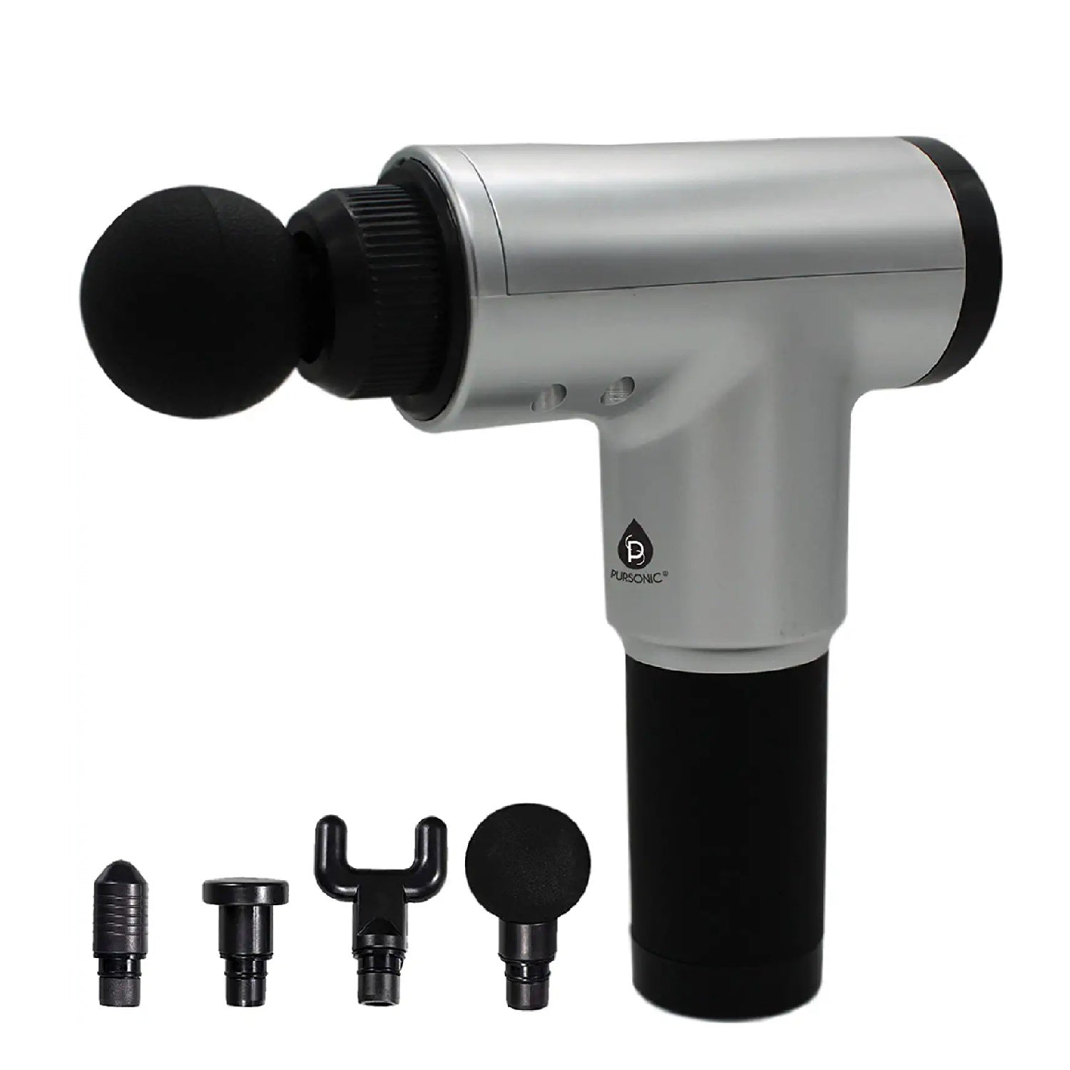 Black 6 speed cordless deep tissue massage gun with four interchangeable percussive therapy attachment heads — view 2