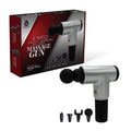 Black 6 speed cordless deep tissue massage gun with four interchangeable percussive therapy attachment heads