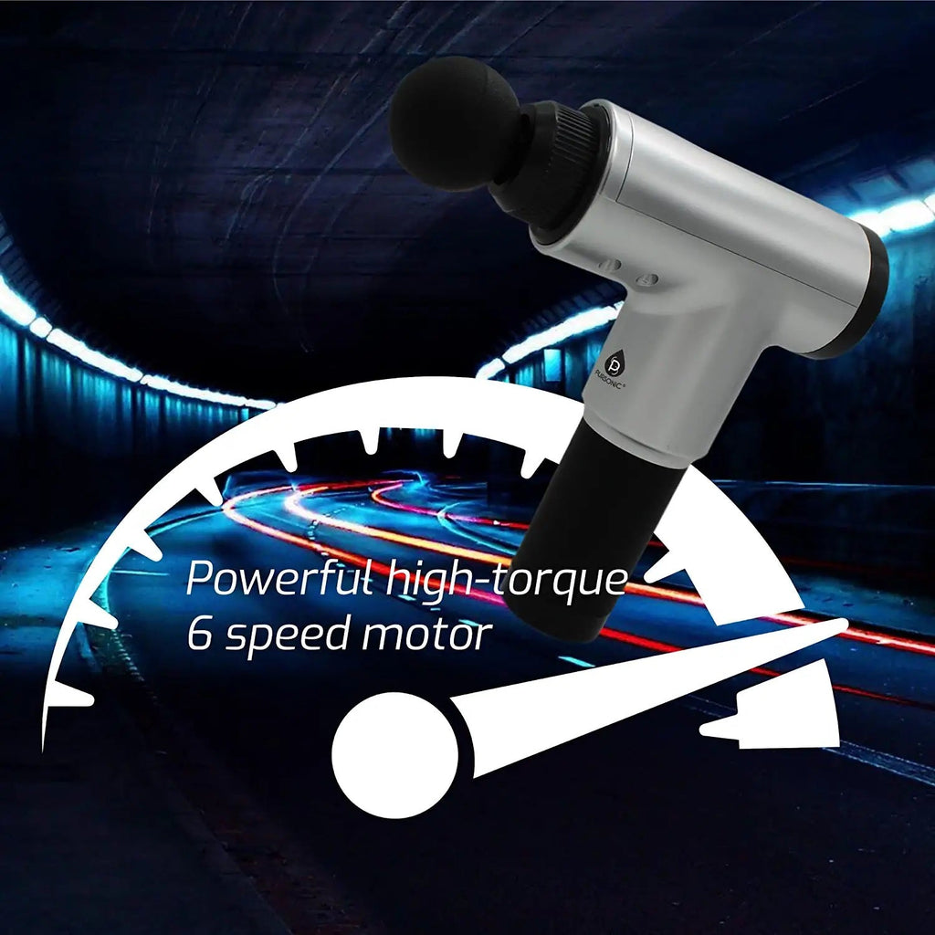 Black 6 speed cordless deep tissue massage gun with four interchangeable percussive therapy attachment heads — view 5
