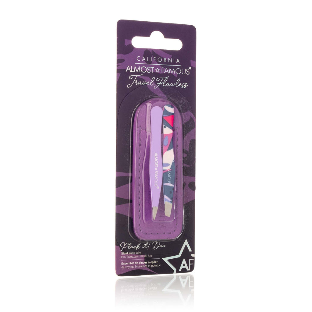 Stainless steel precision tweezer duo with slant and pointed tips and genuine leather case