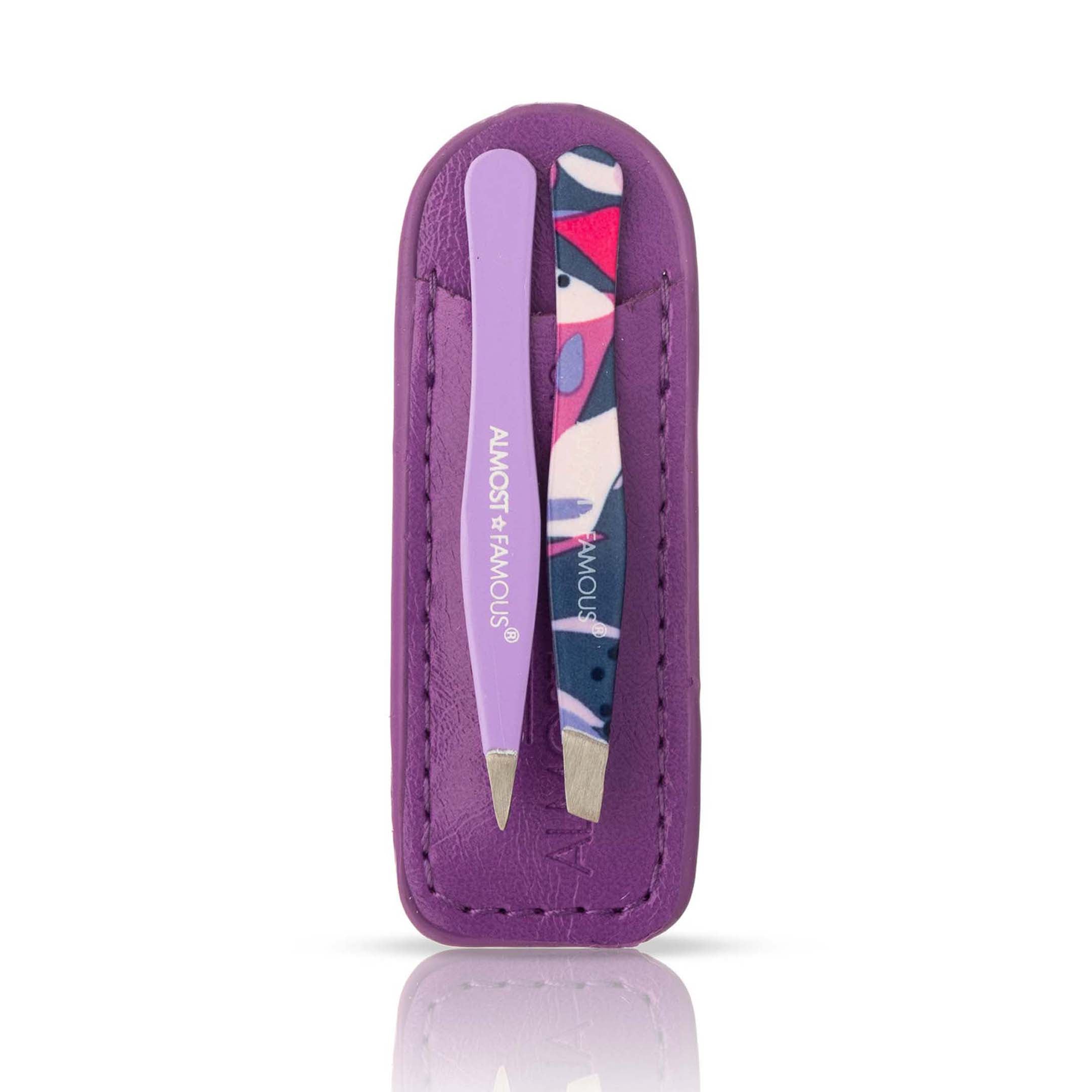 Stainless steel precision tweezer duo with slant and pointed tips and genuine leather case — view 3