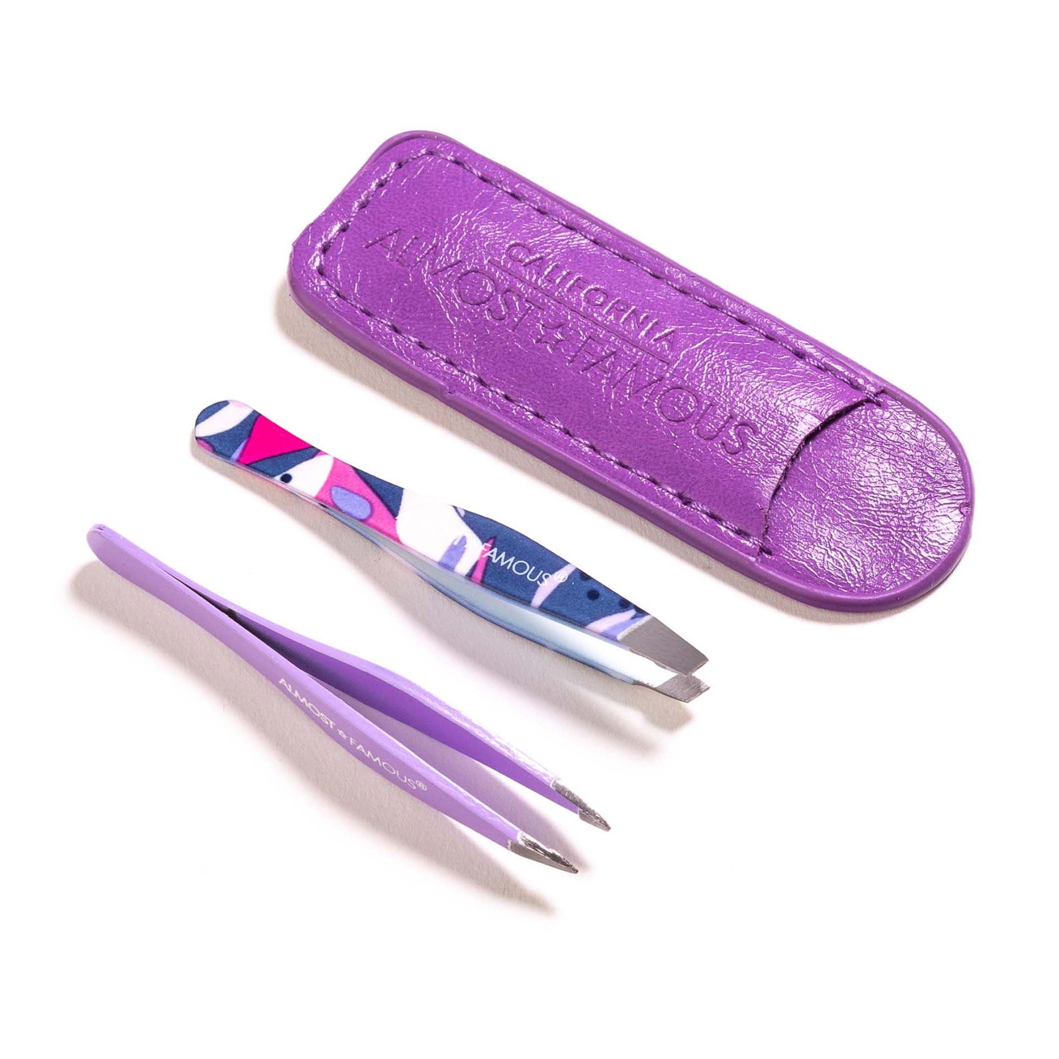 Stainless steel precision tweezer duo with slant and pointed tips and genuine leather case — view 2