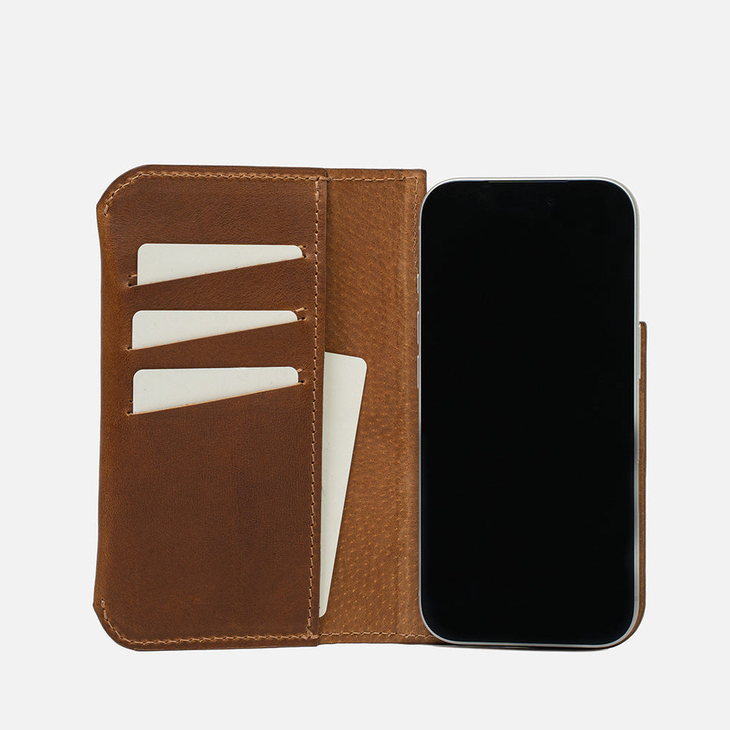 Premium full-grain leather iPhone 17 MagSafe folio case wallet open showing card slots and suede interior — view 3