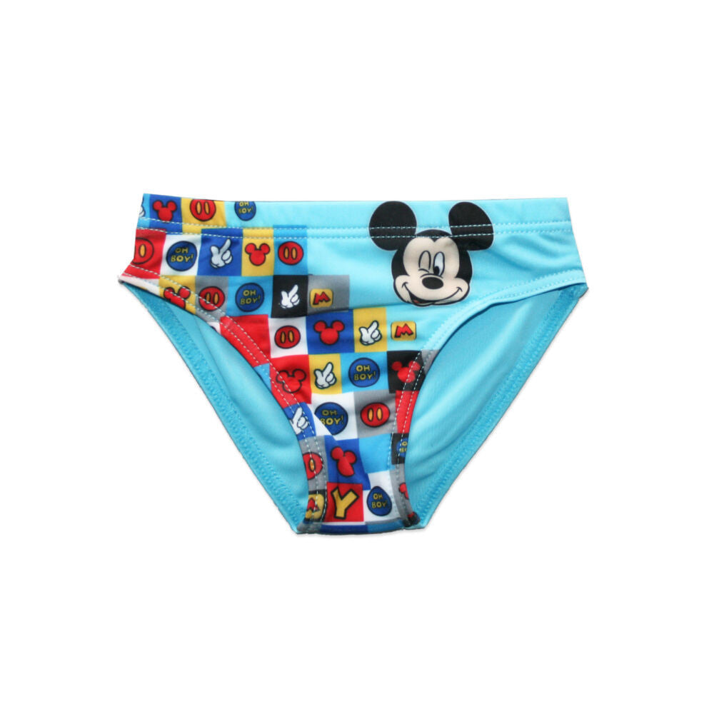 Light blue baby boy swim bottoms featuring Mickey Mouse design, perfect for beach and pool