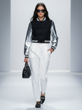 MIDTOWN women's bomber jacket with black cotton body and metallic silver vegan leather sleeves