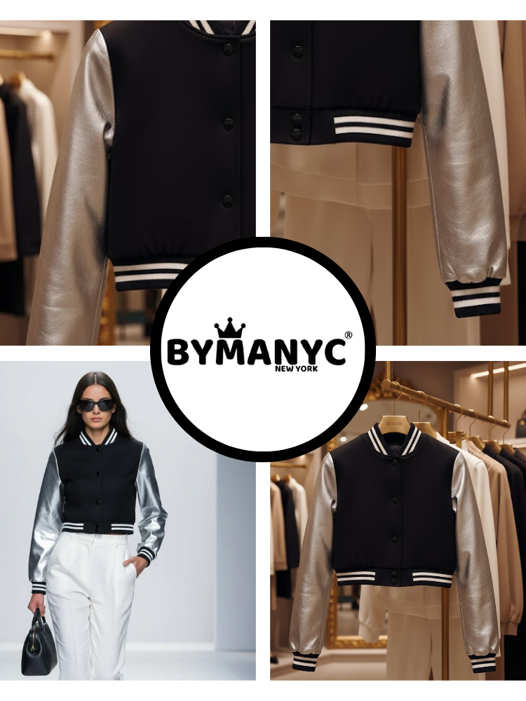 MIDTOWN women's bomber jacket with black cotton body and metallic silver vegan leather sleeves — view 3