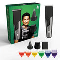 Rechargeable men's grooming set with stainless steel clippers, trimmers, and guide combs