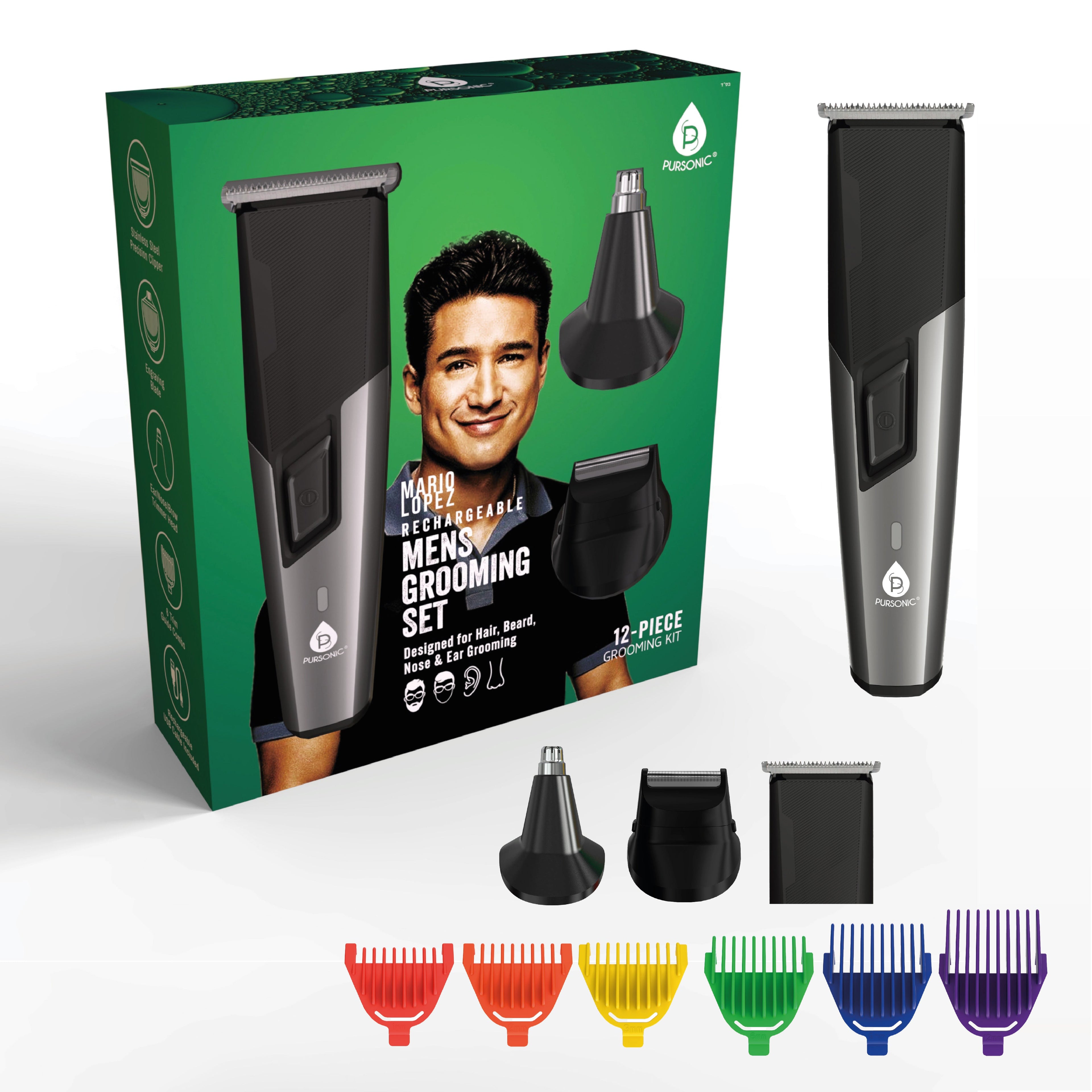 Rechargeable men's grooming set with stainless steel clippers, trimmers, and guide combs