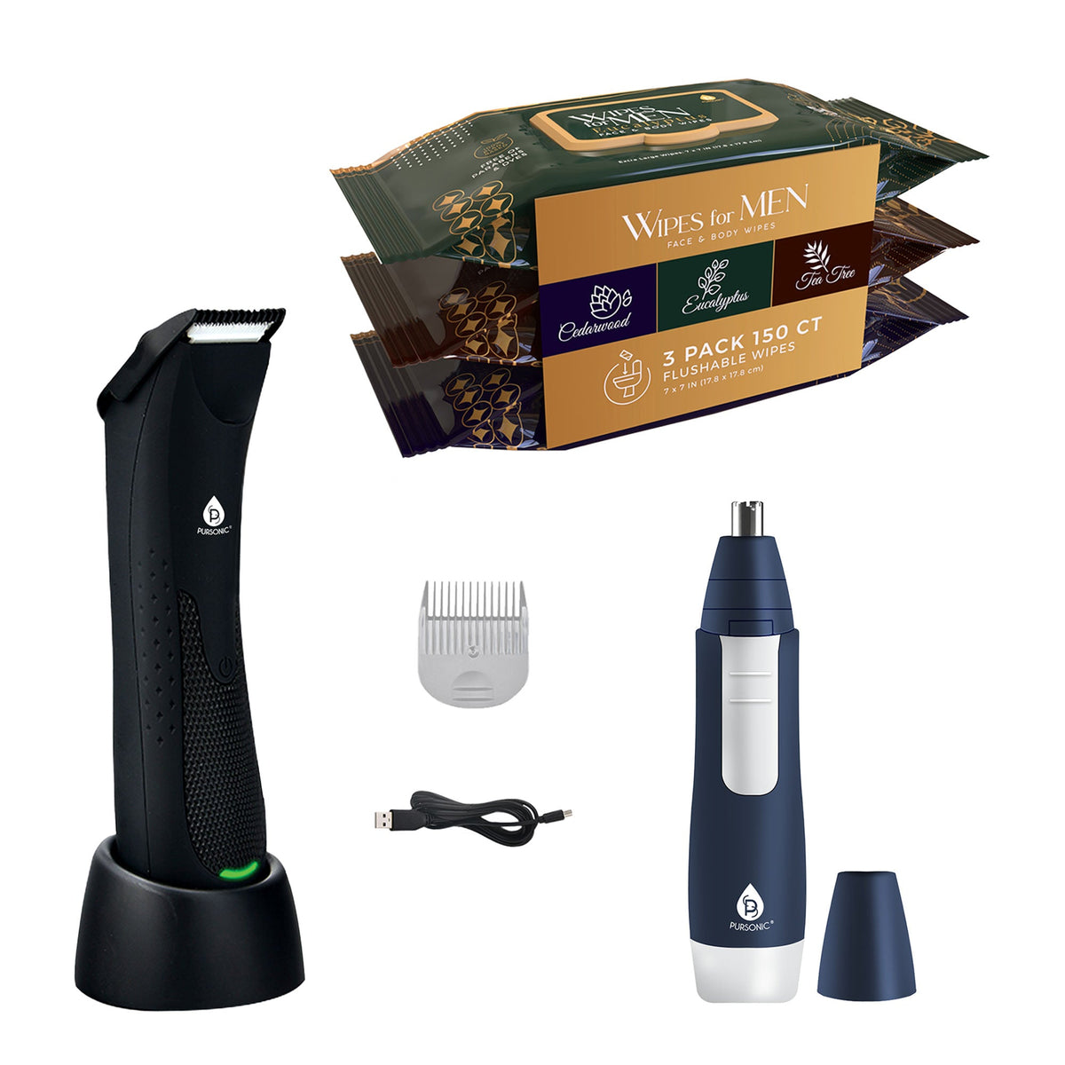 Pursonic Wireless Body Hair Trimmer & Shaver + Nose and Ear Hair Trimmer + Men’s Assorted Face and Body Wipes (3-Pack, 150 Wipes)-0