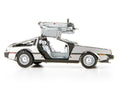 DeLorean metal model kit fully assembled showing brushed stainless steel finish and opening gull-wing doors