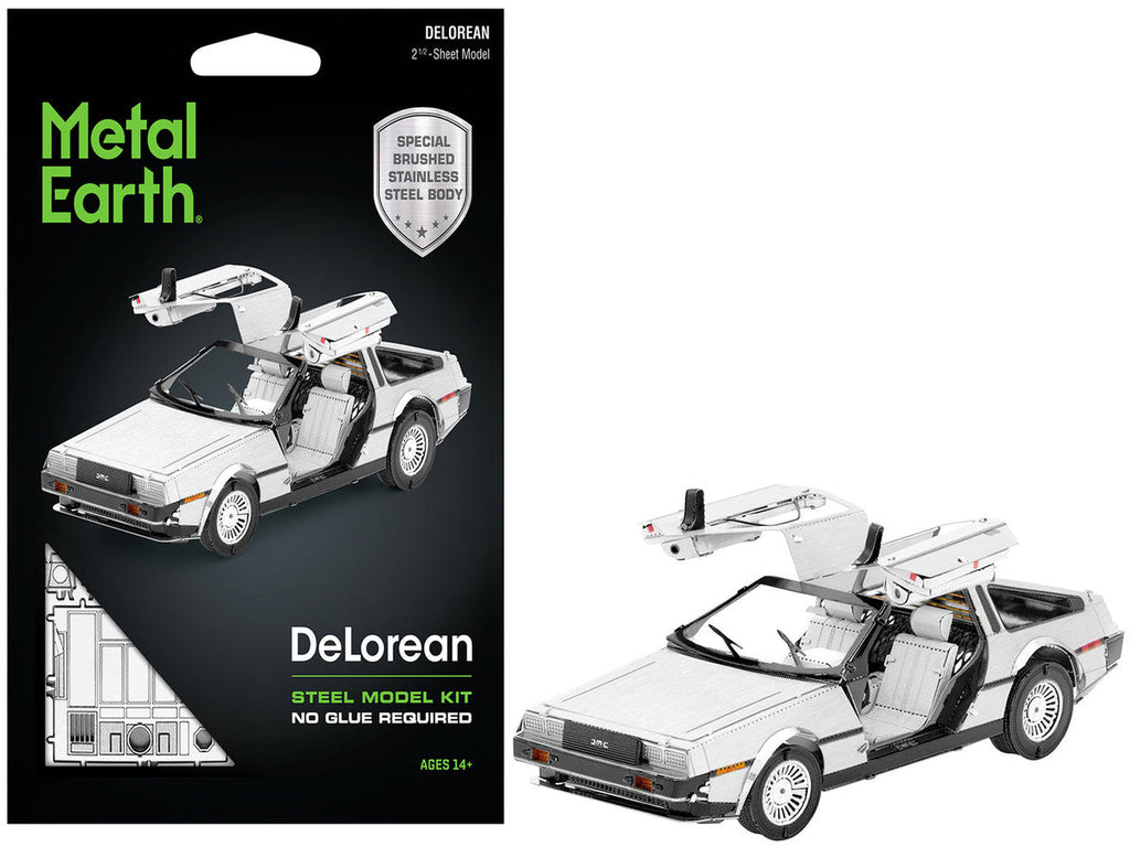 DeLorean metal model kit fully assembled showing brushed stainless steel finish and opening gull-wing doors — view 5