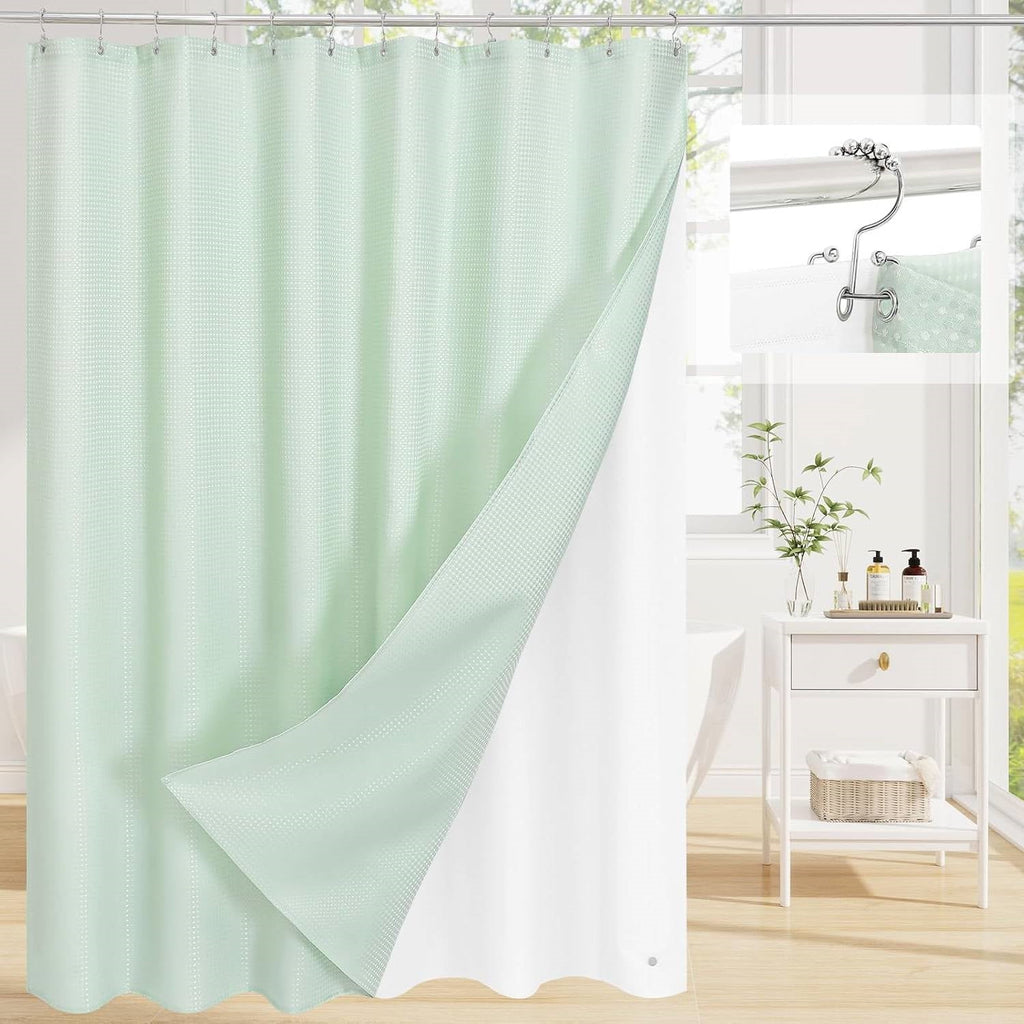 Mint green waffle textured shower curtain with clear PEVA liner and stainless steel hooks
