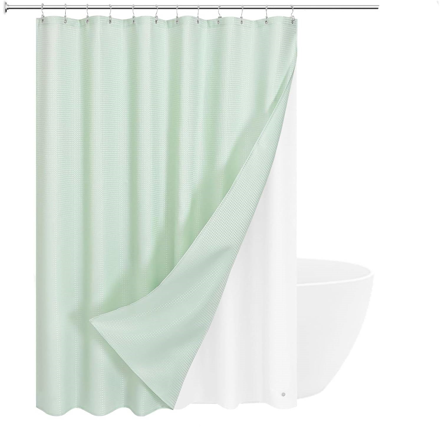 Mint green waffle textured shower curtain with clear PEVA liner and stainless steel hooks — view 2