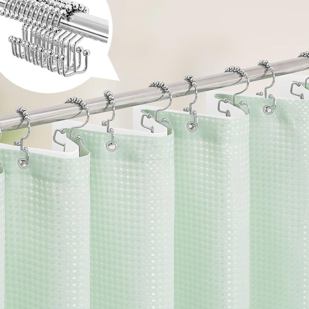 Mint green waffle textured shower curtain with clear PEVA liner and stainless steel hooks — view 3