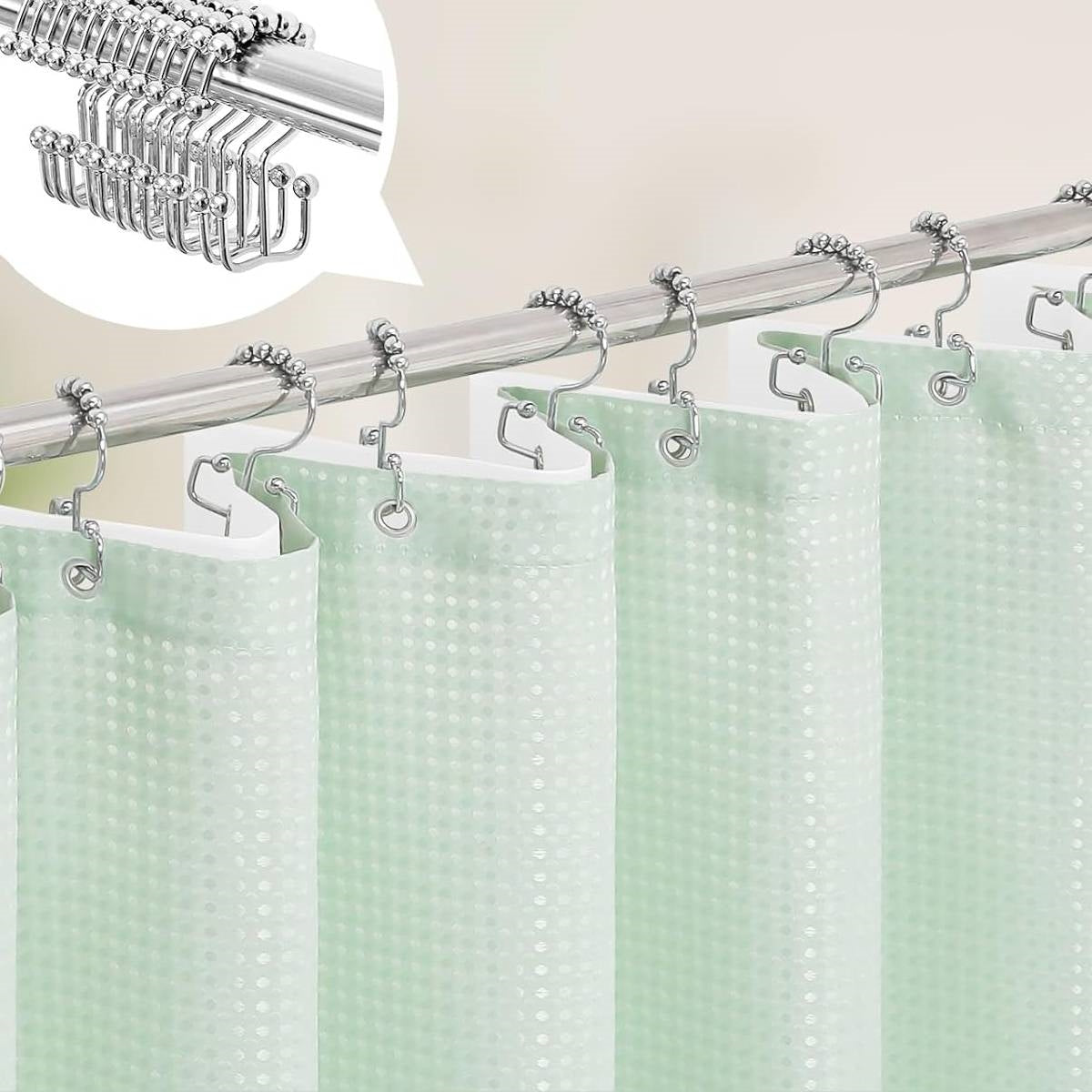 Mint green waffle textured shower curtain with clear PEVA liner and stainless steel hooks — view 3