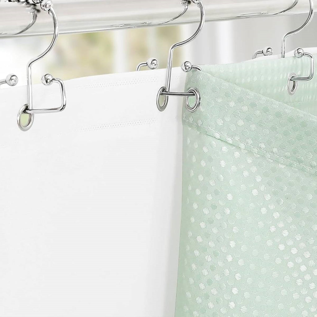 Mint green waffle textured shower curtain with clear PEVA liner and stainless steel hooks — view 4