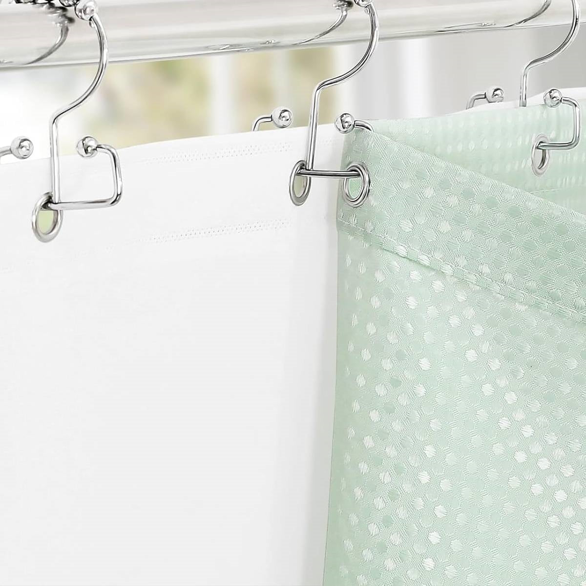 Mint green waffle textured shower curtain with clear PEVA liner and stainless steel hooks — view 4