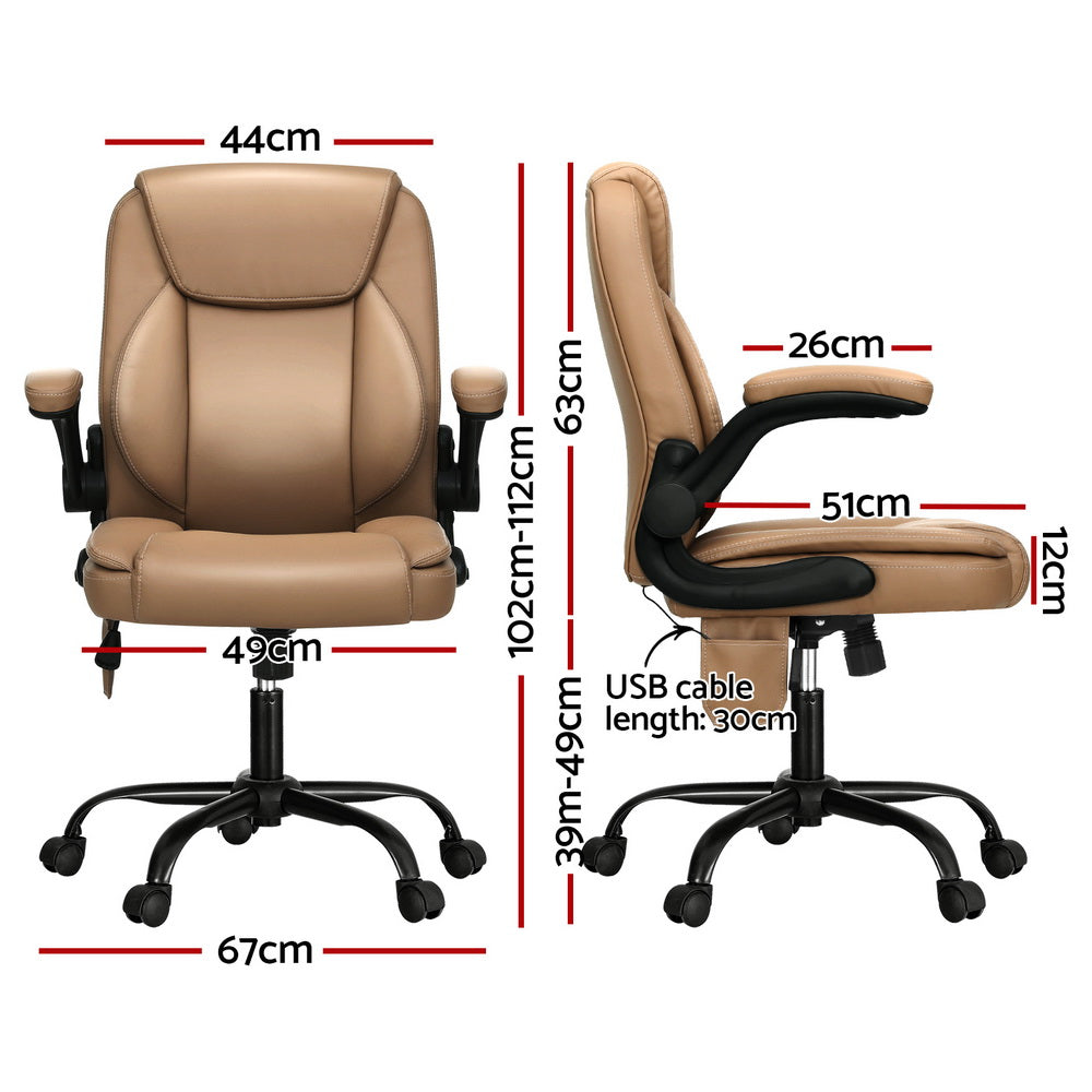 Brown faux leather Artiss massage office chair with mid back design and padded armrests — view 2