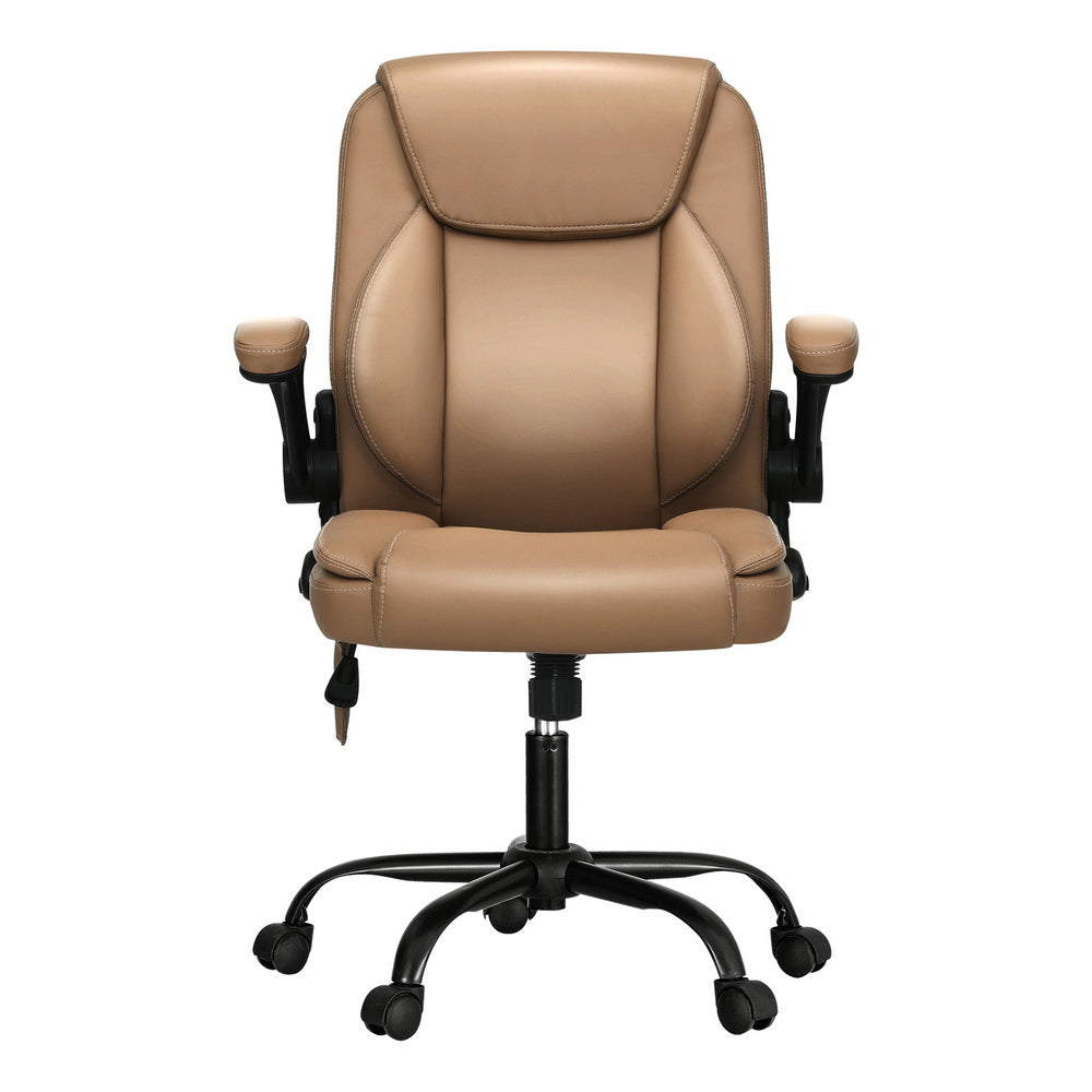 Brown faux leather Artiss massage office chair with mid back design and padded armrests — view 3
