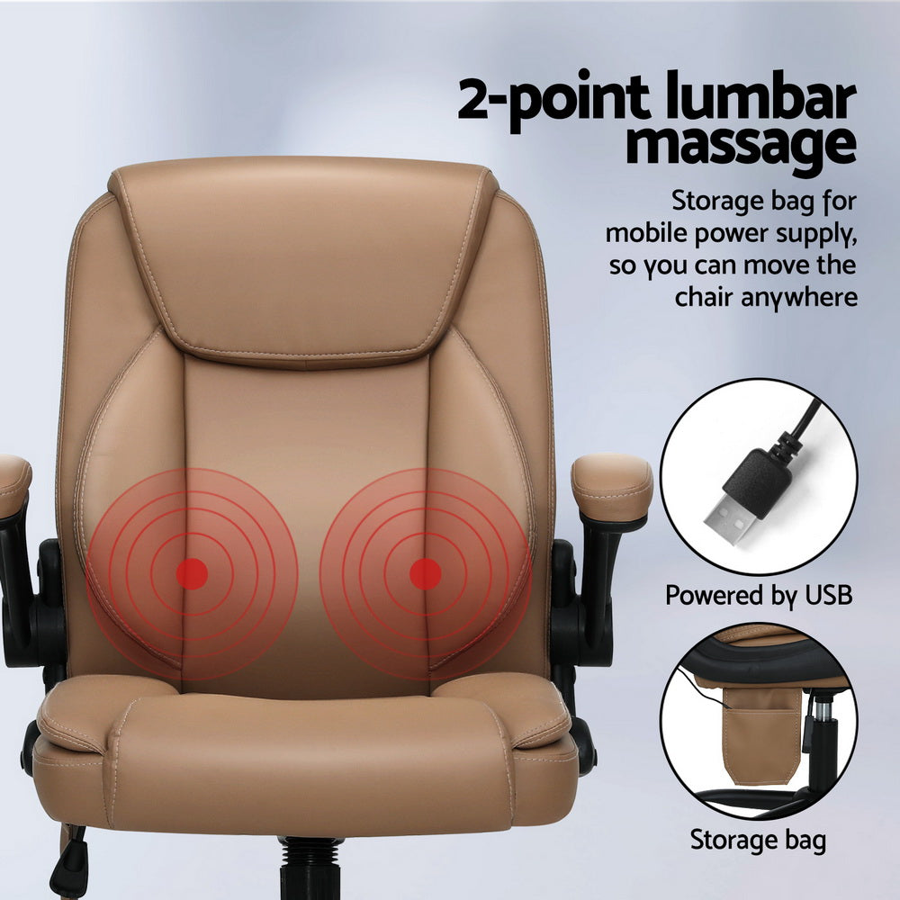 Brown faux leather Artiss massage office chair with mid back design and padded armrests — view 4