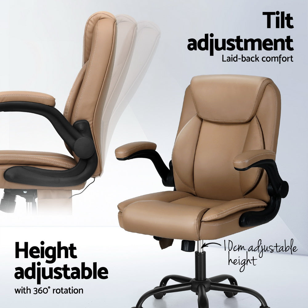 Brown faux leather Artiss massage office chair with mid back design and padded armrests — view 5