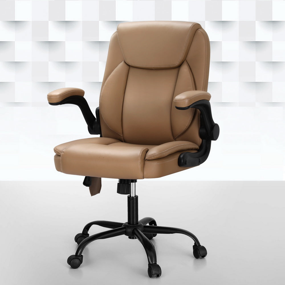 Brown faux leather Artiss massage office chair with mid back design and padded armrests