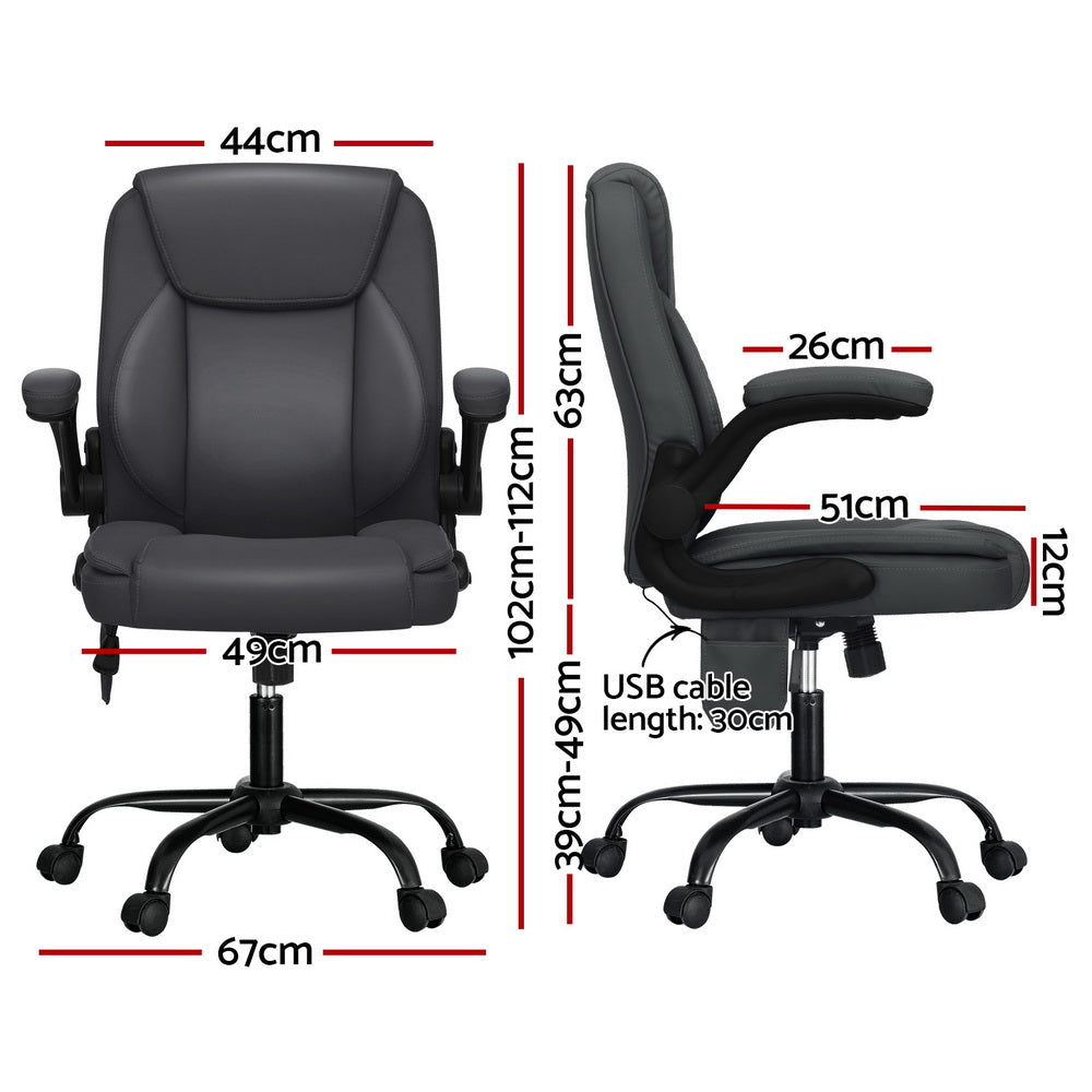 Grey massage office chair in PU leather with padded armrests and five-wheel swivel metal base — view 2