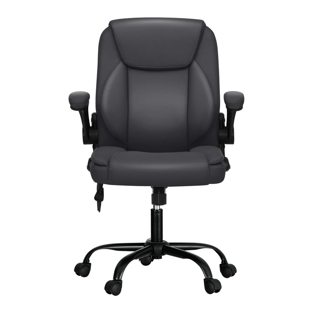 Grey massage office chair in PU leather with padded armrests and five-wheel swivel metal base — view 3