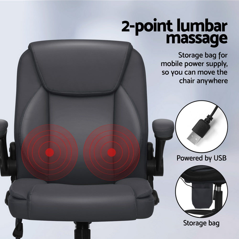 Grey massage office chair in PU leather with padded armrests and five-wheel swivel metal base — view 4