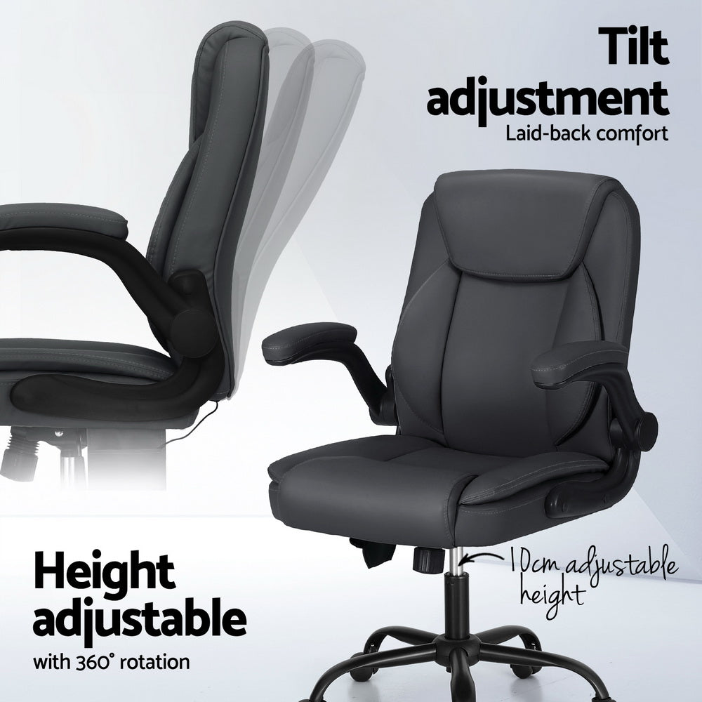 Grey massage office chair in PU leather with padded armrests and five-wheel swivel metal base — view 5