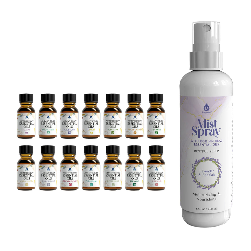 Pursonic aromatherapy gift set featuring 14 essential oil bottles and one lavender sea salt mist spray