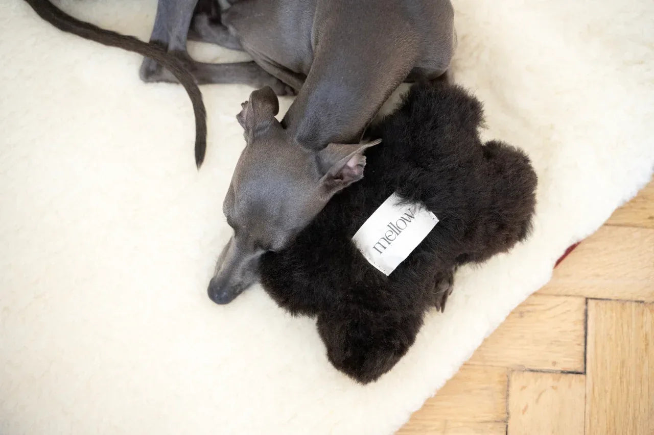 Natural sheepskin dog toy bone in black, filled with eco-friendly wool offcuts and hidden bell — view 3