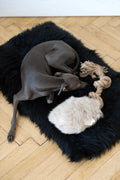 Natural sheepskin dog tug toy in beige with a sturdy natural fibre woven rope handle.