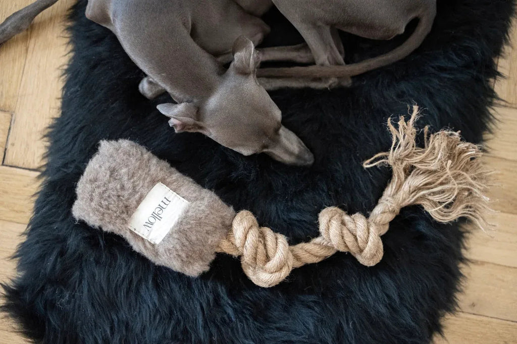 Natural woolen dog tug toy in beige with pure wool and natural jute handle — view 2